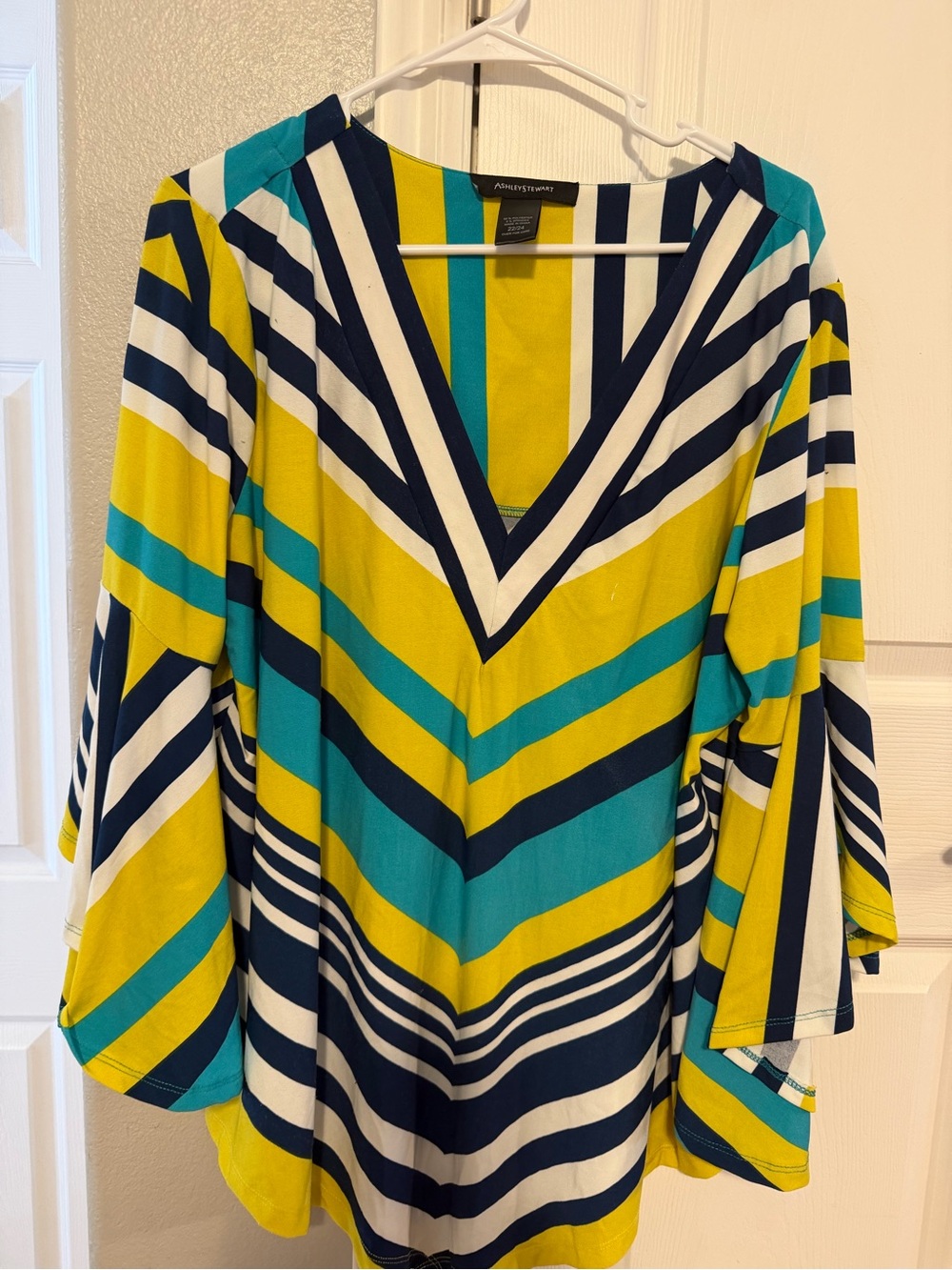 Ashley Stewart Navy, Teal & Yellow Striped V-Neck Tunic